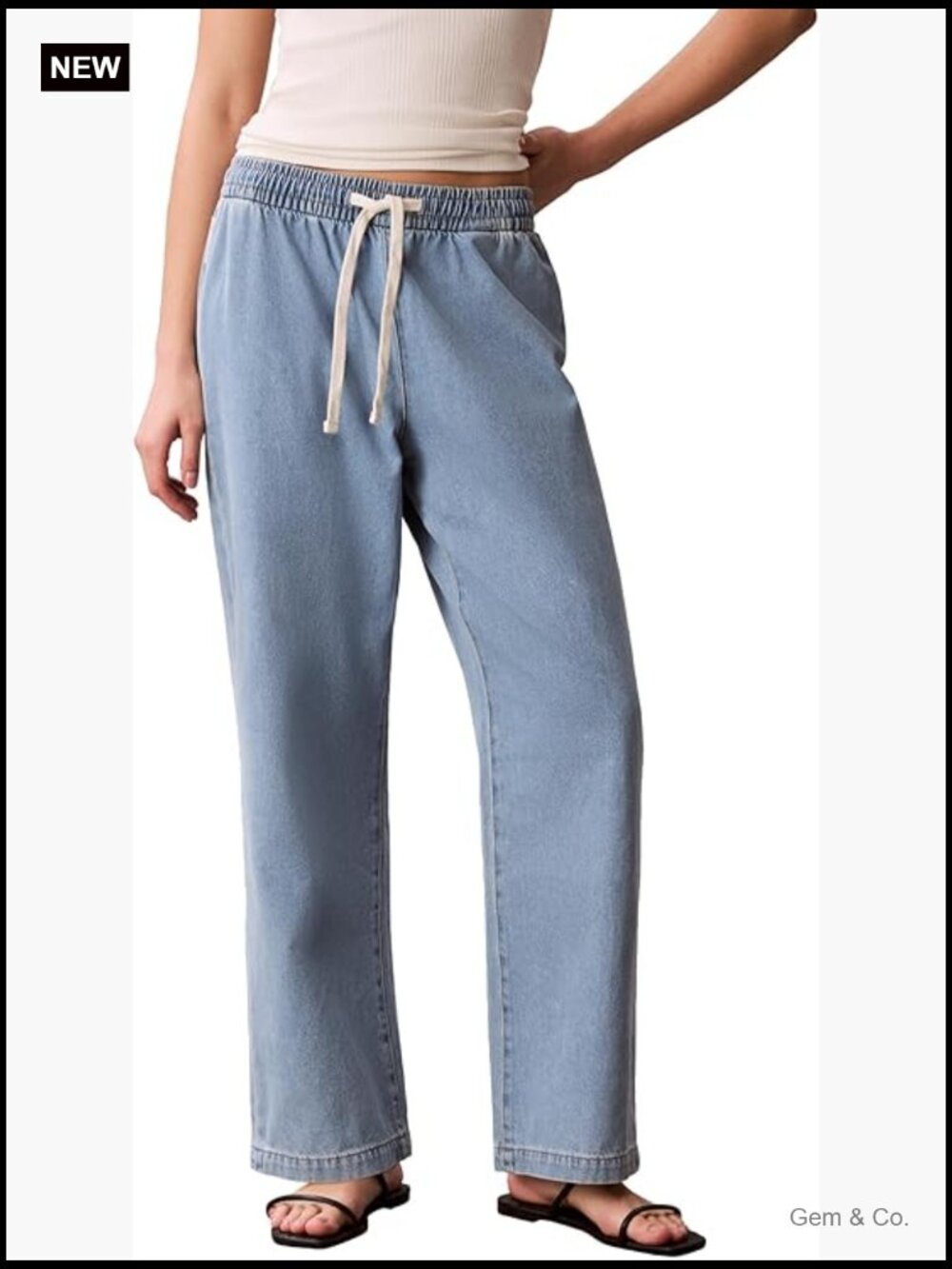 Womens Lightweight Denim Pull-on Pants Wide Leg Drawstring Waist
